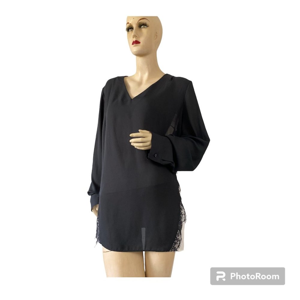 Worthington Women's Black White Lace Longslevee Vneck Top Blouse Plus Size 1X EU